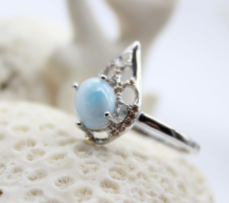 Beautiful Larimar Icy Teardrop and CZ Ring Size 9 Sky Blue Turtleback Gem 14K Whte Gold Plated 925 Sterling Silver Genuine Dominican Stone