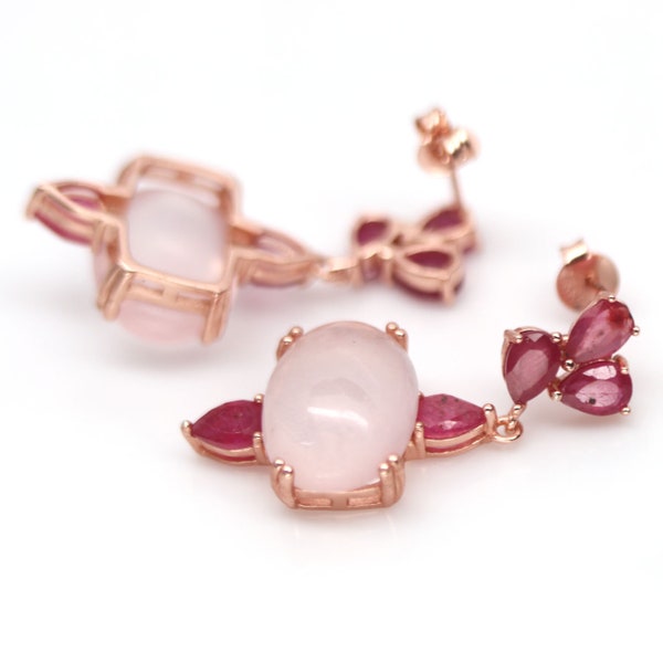 Natural Pink Rose Quartz and Red Ruby Dangle Earrings Rose Gold 925 Sterling Silver / Trendy small multi gem earrings