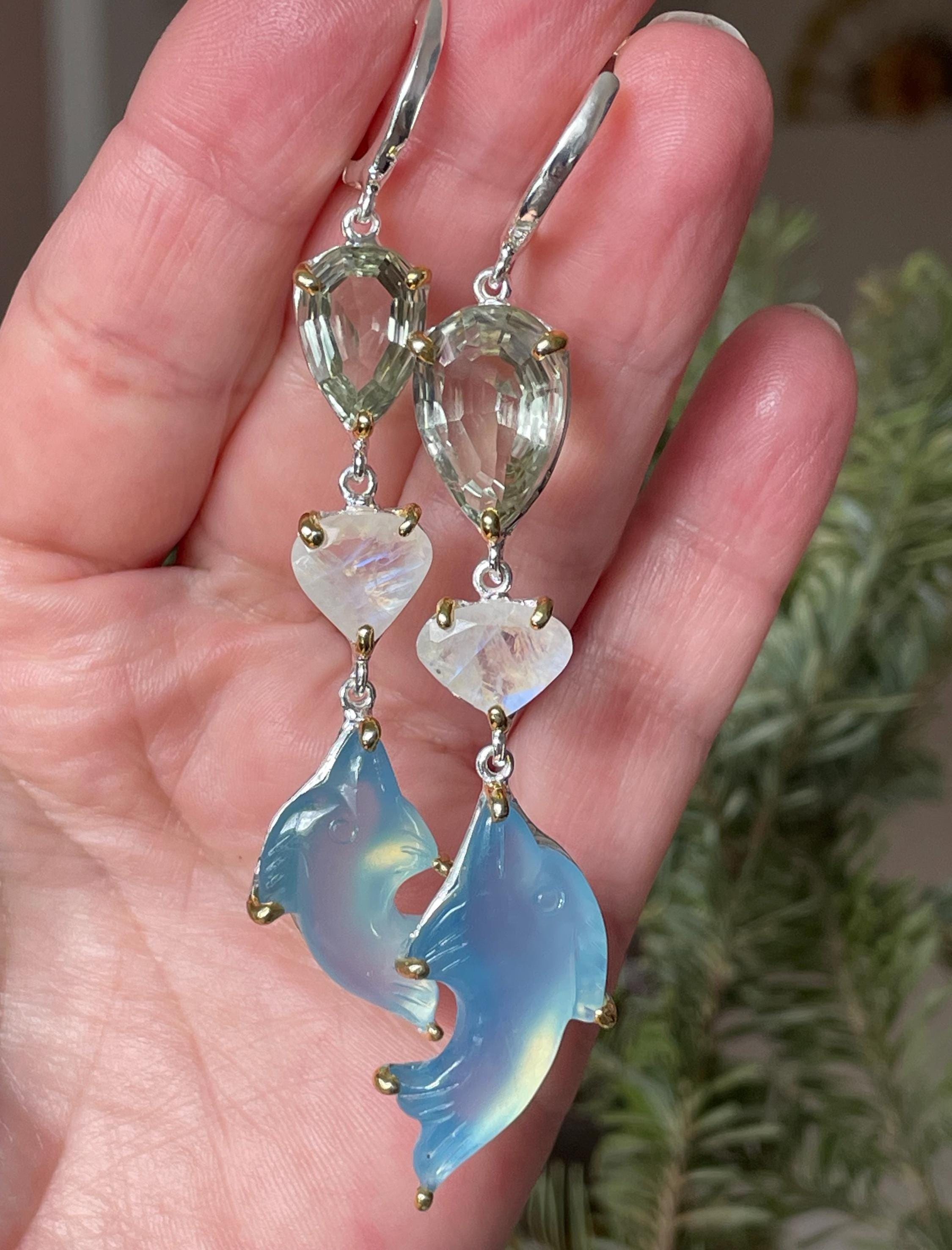 Unique Dolphin Carved Aquamarine Green Amethyst Moonstone