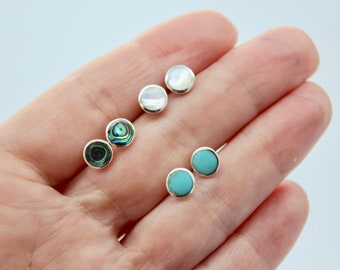 Small 7mm Round Sterling Silver Stud Earrings Turquoise, Abalone Shell and Mother of Pearl unisex cute Paua Shell minimalist small fun men