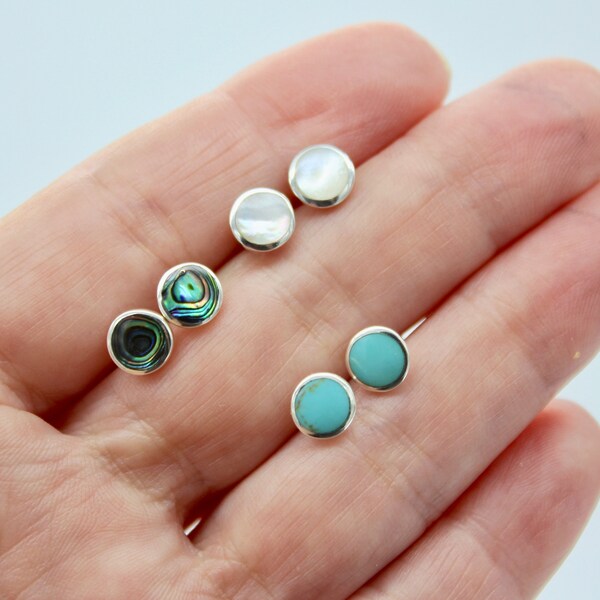 Small 7mm Round Sterling Silver Stud Earrings Turquoise, Abalone Shell and Mother of Pearl unisex cute Paua Shell minimalist small fun men