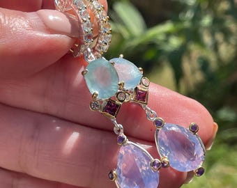Fancy Lavender Quartz and Blue Aquamarine Long Earrings 925 Sterling Silver Gold / large fine art cocktail earrings