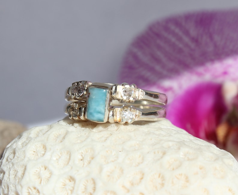 Larimar and Dominican Red Amber Cubic Zirconia Ring Multi-stone Sterling Silver Flip 2 way reversible genuine stone 8.75