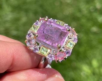 Modern Large Natural 14ct Lilac Pink Kunzite Tourmaline Peridot Amethyst sz 8.25 Ring 925 Sterling Silver Gold
