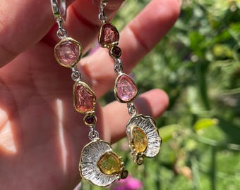 Fine Art Rough Yellow and Pink Sapphire Dangle Stud Earrings 925 Sterling Silver Gold