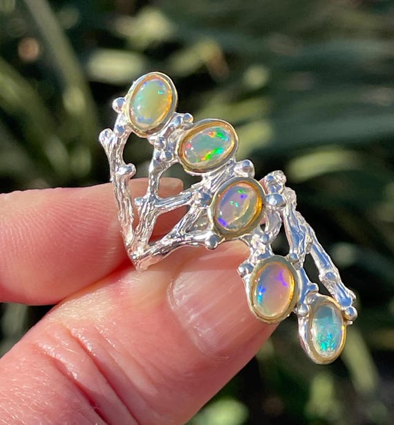 Half Finger Natural Ethiopian Opal Sz Cluster Ring 925