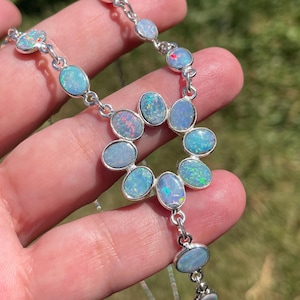 Genuine Blue Australian Opal Doublet Circle Pendant Necklace 925 Sterling Silver