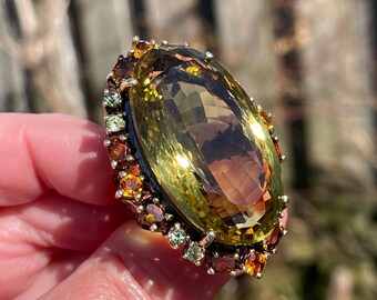 飾り宝石 Huge 80ct Oval Lemon Quartz Citrine Peridot 925 Sterling