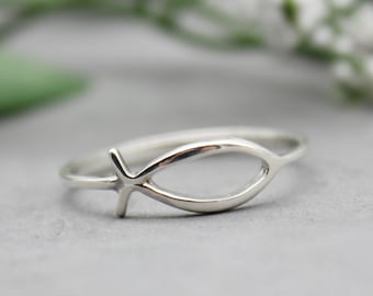 Anillo minimalista de pez Ichthys, anillo cristiano, anillo de Jesús, Plata de Ley 925, joyería con símbolo cristiano, anillo para hombres y mujeres