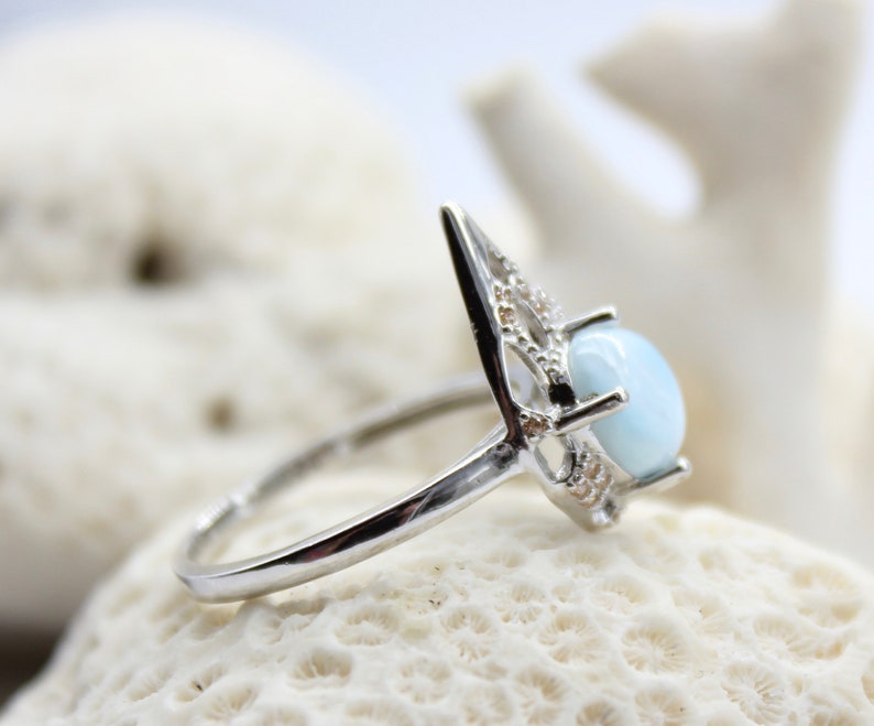 Beautiful Larimar Icy Teardrop and CZ Ring Size 9 Sky Blue Turtleback Gem 14K Whte Gold Plated 925 Sterling Silver Genuine Dominican Stone