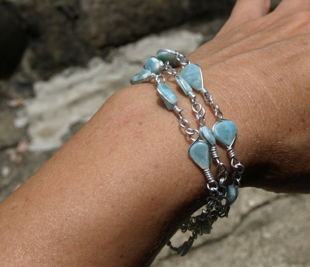 Caribbean Larimar Wire Wrapped Blue Bracelet, Silver Plated, Beach Dolphin  Surf Unisex Boho Handmade 