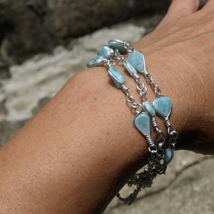 Caribbean Larimar wire wrapped Blue Bracelet, silver plated, beach dolphin surf unisex boho handmade