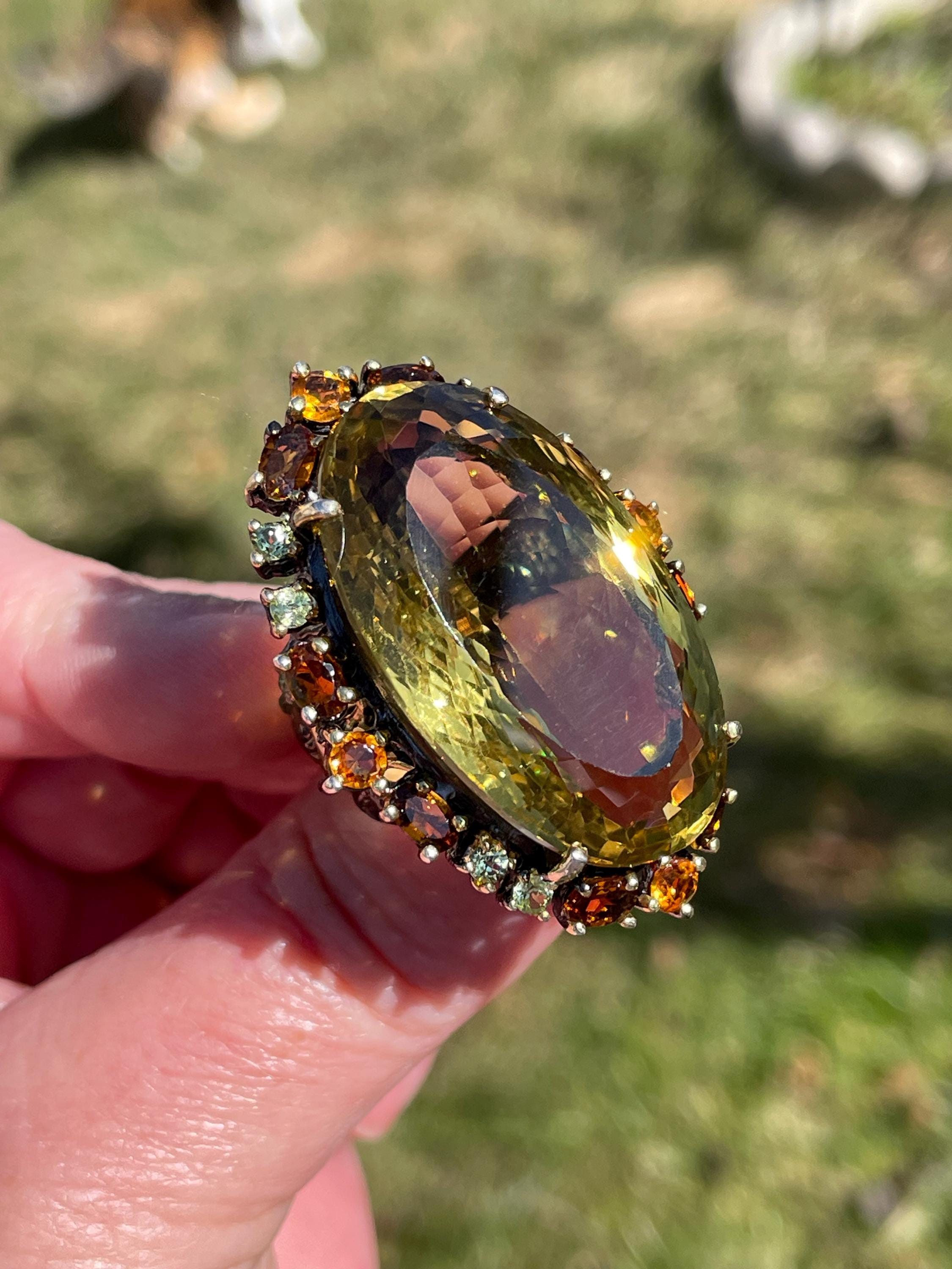 パリピブタ リング 天然石 Huge 80ct Oval Lemon Quartz Citrine Peridot 925 Sterling