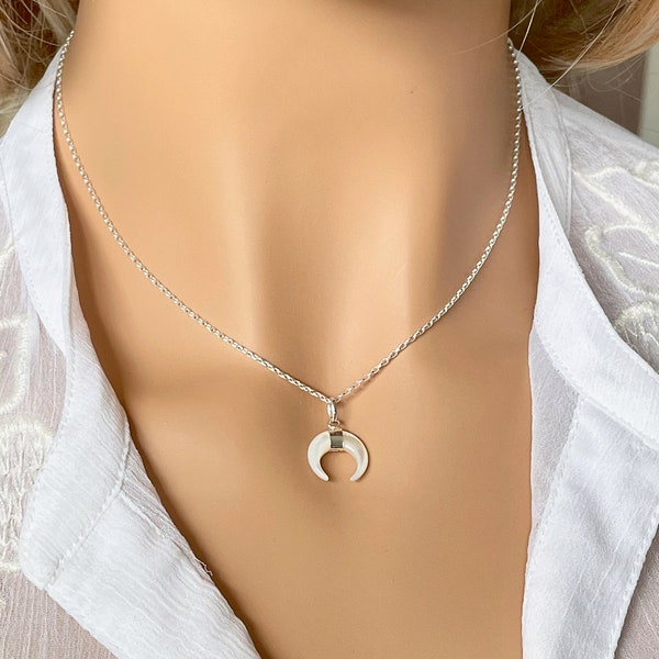 925 Sterling Silber Perlmutt Horn Halbmond Anhänger Halskette Muschel Charme Choker / Geschenk für Sie oder Ihn Unisex Männer