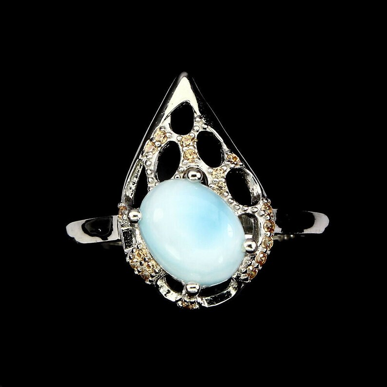 Beautiful Larimar Icy Teardrop and CZ Ring Size 9 Sky Blue Turtleback Gem 14K Whte Gold Plated 925 Sterling Silver Genuine Dominican Stone
