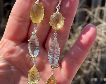 Long 58ct Carved Natural Green Amethyst Citrine Lemon Quartz Dangle Earrings 925 Sterling Silver / Large Luxury Statement Cocktail Earrings