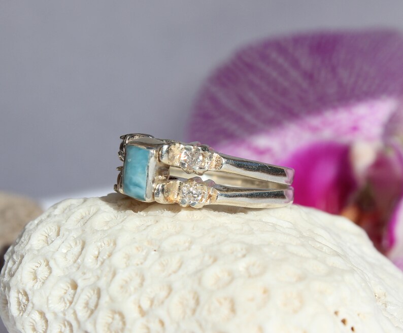 Larimar and Dominican Red Amber Cubic Zirconia Ring Multi-stone Sterling Silver Flip 2 way reversible genuine stone 8.75