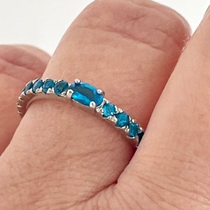 Sz 7.25 Neon Blue Apatite Half Eternity Band Ring 925 Sterling Silver / Trendy minimalist gift for her