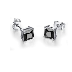 7mm Black Cubic Zirconia Stud Earrings 14K White Gold Plated square gems minimalist fashion gift idea unisex men women