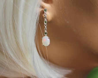 Ethiopian White Opal and Rhodolite Garnet or Chrome Diopside Sterling Silver Earrings Rhodium plate Welo Fire Stone Minimalist Gift for her