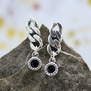 Minimalist Chain and Black Rhinestone Dangle Stud Earrings 925 Sterling Silver for girl/woman cute small symple studs