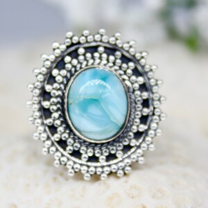 Natural Blue Dominican Larimar 925 Sterling Silver Ring / Large Ethnic Boho Oval Blue Ring