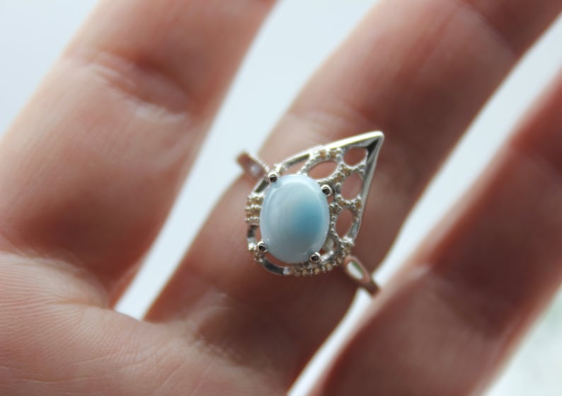 Beautiful Larimar Icy Teardrop and CZ Ring Size 9 Sky Blue Turtleback Gem 14K Whte Gold Plated 925 Sterling Silver Genuine Dominican Stone