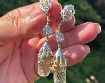 Long Teardrop Carved Green Amethyst Blue Topaz Tourmaline Rhodolite Dangle Earrings 925 Sterling Silver Gold