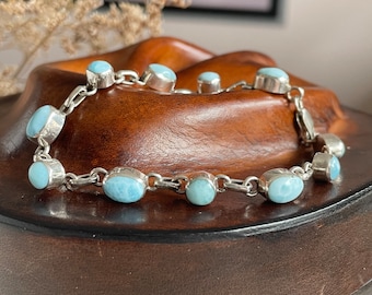 Natural Dominican Larimar 925 sterling silver bracelet / turquoise blue beach dolphin stone tennis bracelet / gift for her
