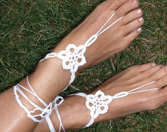 White star flower crochet barefoot sandals, Handmade, Bare foot floral jewelry, beach, garden wedding, party, Valntine's Day, Boho Anklet