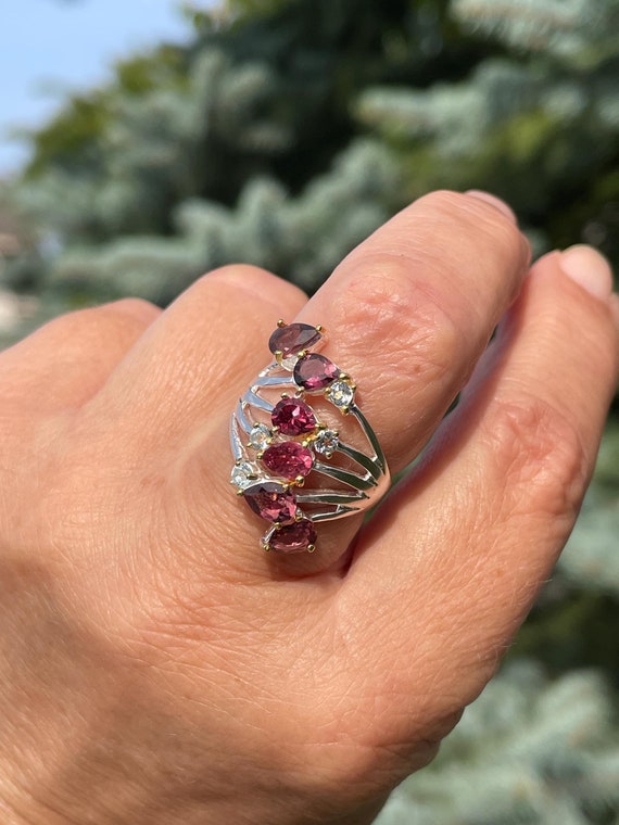 Fancy Pink Rubellite Tourmaline Blue Topaz Multi Line Band Sz