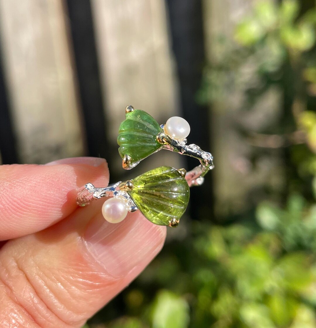 Unique Carved Seashell Green Tourmaline Freshwater Pearl Sz 9 Open
