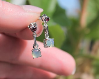 Dainty Ethiopian White Opal and Rhodolite Garnet Sterling Silver Earrings Rhodium plate Welo Fire Stone Minimalist Gift for her small trendy