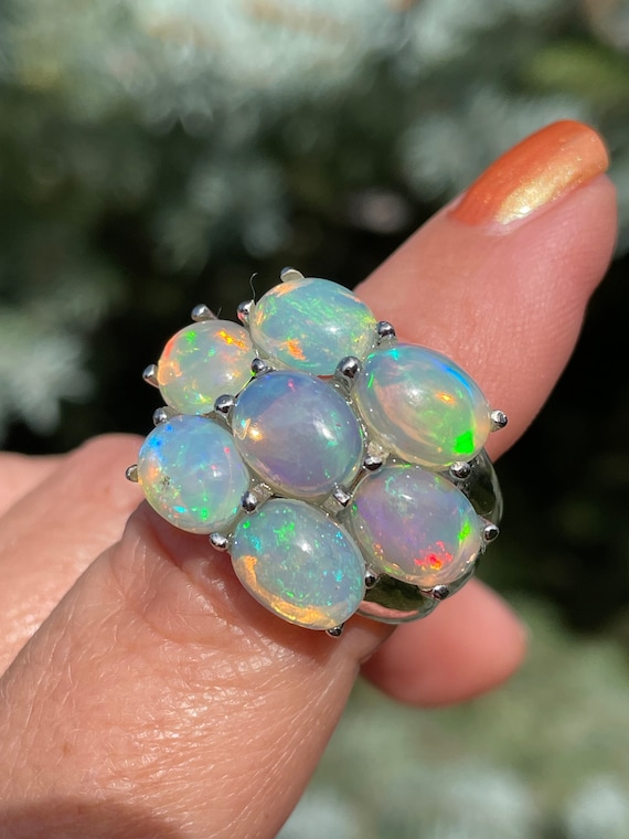 Grande Grosso Anello Con Opale Full Flash In Argento Sterling 925, Misura 6,25, Regalo Fantasia Per Il Suo Anniversario Di Matrimonio - Italia - Foto 7