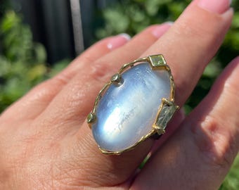 Big Natural Moonstone Carved Tourmaline Peridot sz 8.5 Ring 925 Sterling Silver Black Rhodium Gold