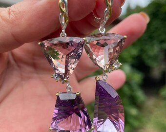 Artistic Asymmetrical Big 70ct Purple Amethyst Ametrine Dangle Earrings 925 Sterling Silver / Luxury Statement Cocktail Earrings
