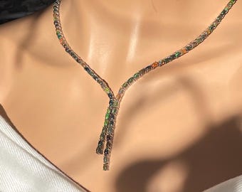 Exquisite Natural Black Opal Y Cocktail Tennis Necklace 925 Sterling Silver