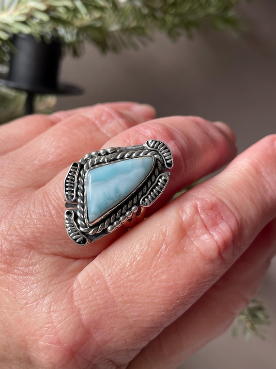 大きなブルーマーブルラリマー 8.25 リング 925 スターリングシルバー