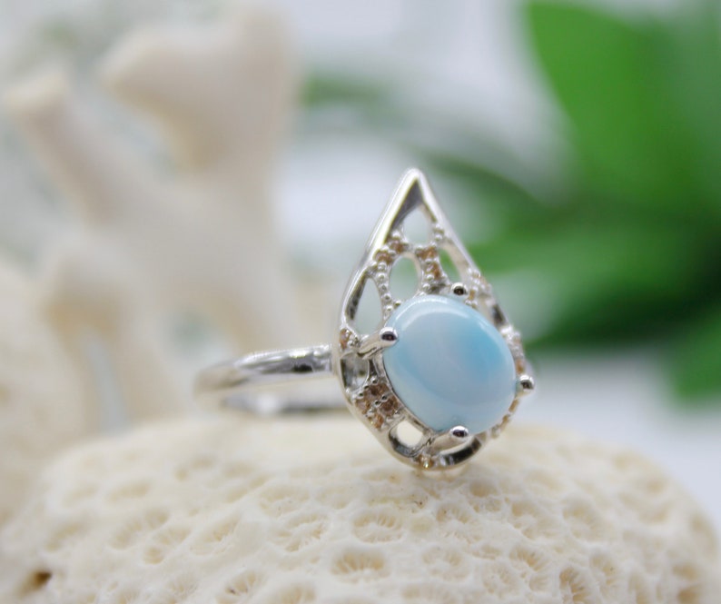 Beautiful Larimar Icy Teardrop and CZ Ring Size 9 Sky Blue Turtleback Gem 14K Whte Gold Plated 925 Sterling Silver Genuine Dominican Stone