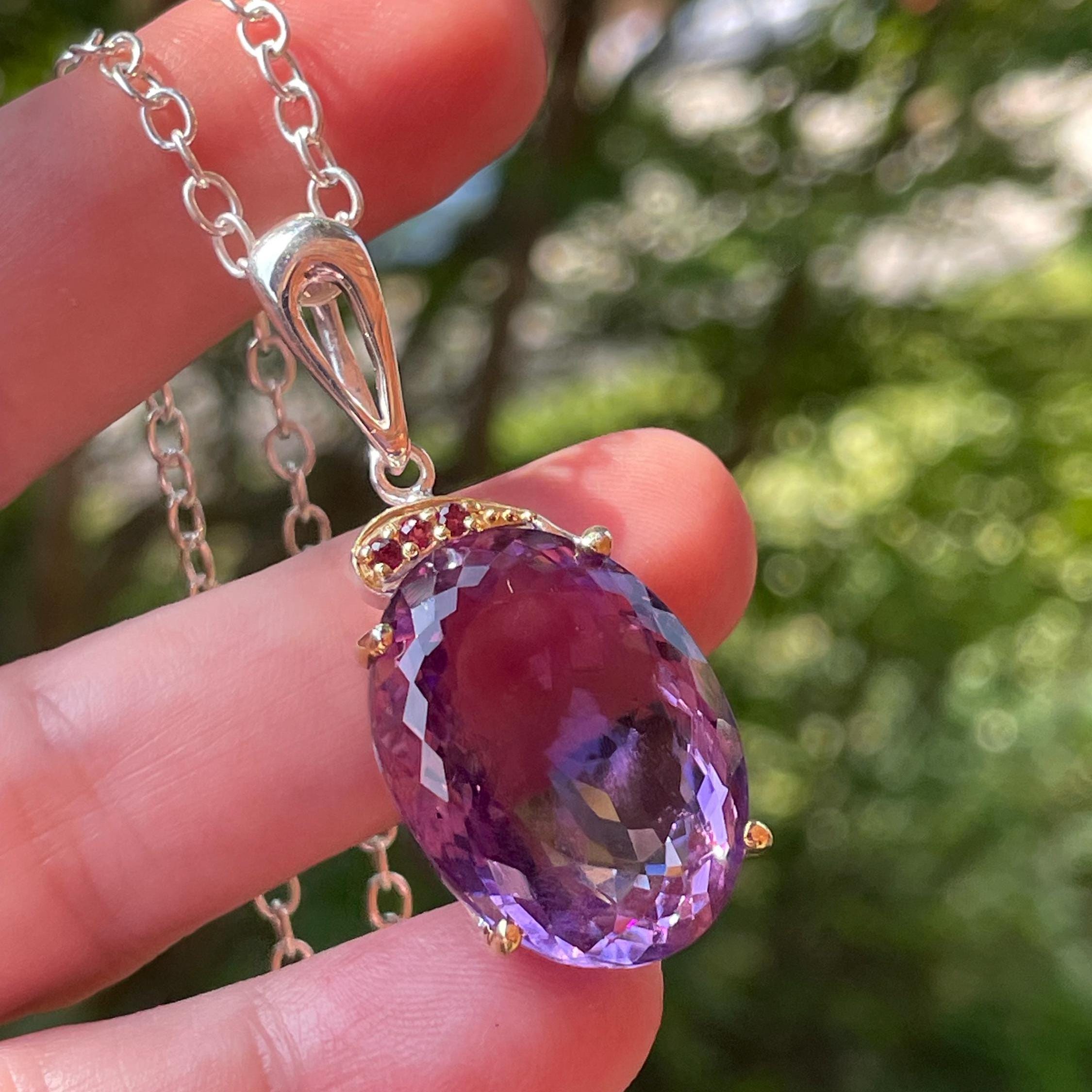 Big 35ct Oval Purple Amethyst Rhodolite Garnet Necklace 925