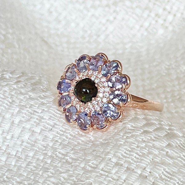 Size 9 Black Opal Tanzanite Round Flower Ring 925 Sterling Silver Rose Gold Plated / Anniversary, Engagement, Antique, Vintage