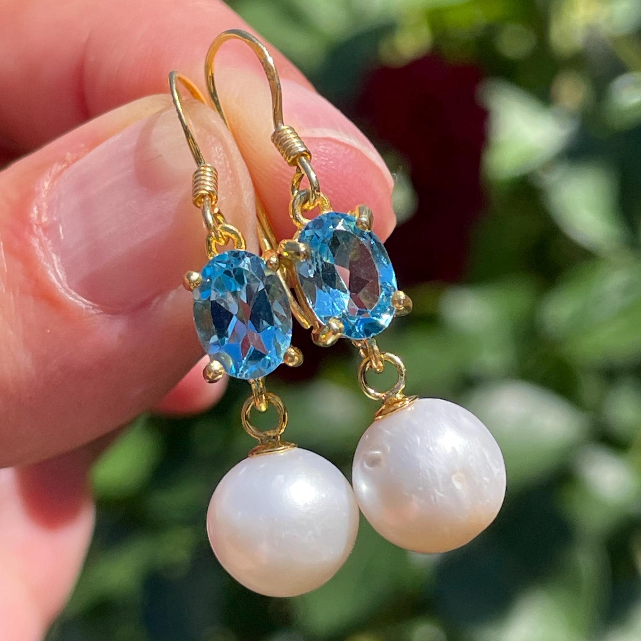 Natural White Pearl 10mm and Swiss Blue Topaz Dangle Earrings 18K