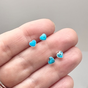 Tiny 5mm Blue Turquoise Heart Stud Earrings 925 Sterling Silver for girl woman unisex cute love minimalist small fun, Natural gemstone studs