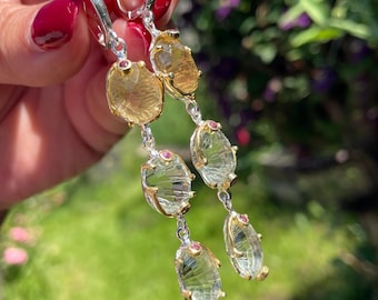 Long 34ct Carved Natural Green Amethyst Lemon Quartz Rhodolite Dangle Earrings 925 Sterling Silver Gold