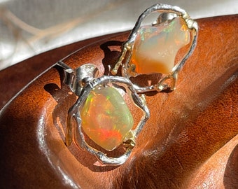 Natural Raw Ethiopian Opal Asymmetrical Stud Earrings 925 Sterling Silver / fancy handmade gift for women