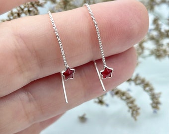 Tiny Red Star Threader Earrings sterling silver delicate 4.5mm tiny cubic zirconia star threaders minimalist For Mom and Daughter
