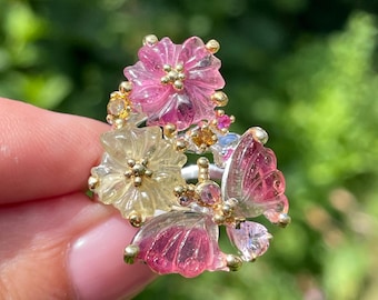 Fancy Carved Watermelon Butterfly Flower Tourmaline sz 8 Ring 925 Sterling Silver Gold / one of a kind fine art ring