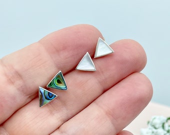 Small 7mm Triangle 925 Sterling Silver Stud Earrings Abalone Shell and Mother of Pearl unisex cute Paua Shell minimalist