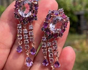 Large Elegant Pink Purple Amethyst Tanzanite Dangle Earrings 14K