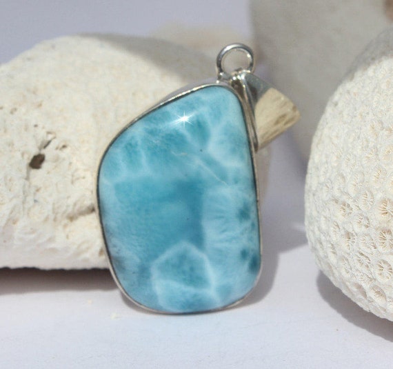 Unique Larimar Wavy Turquoise Sea Pendant Blue Azure Foamy | Etsy